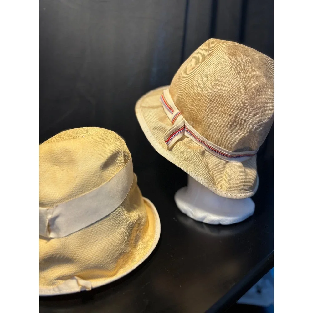 Vintage Miss Bierner Originals Straw Bucket Hat Set Tan Striped Ribbon Bow 2pc